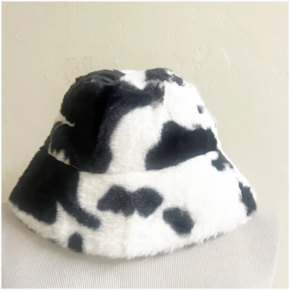 Faux Fur Cow Print Bucket Hat Black NWOT Boutique Western Coastal Cowgirl